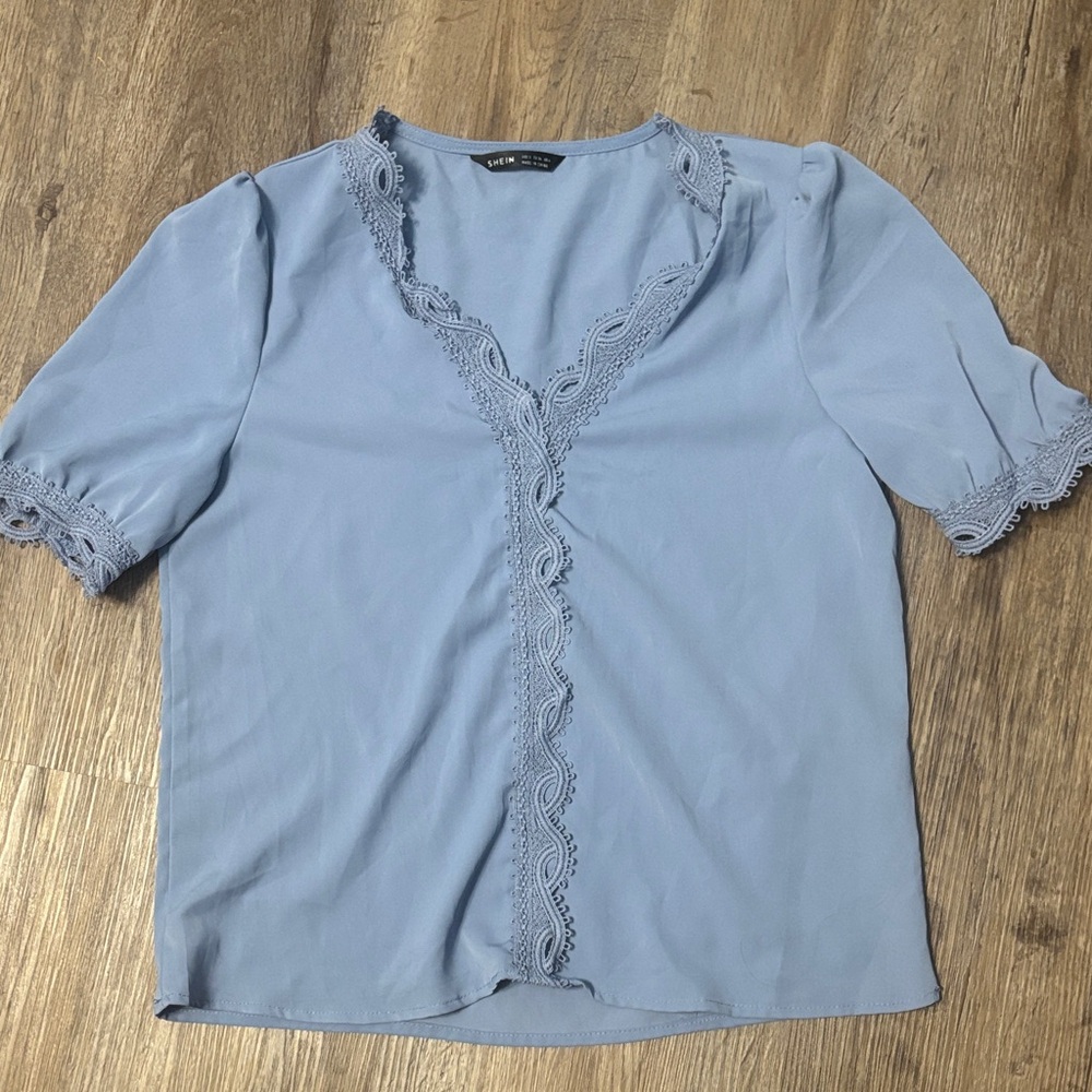 SHEIN Blue Lace Trim Blouse